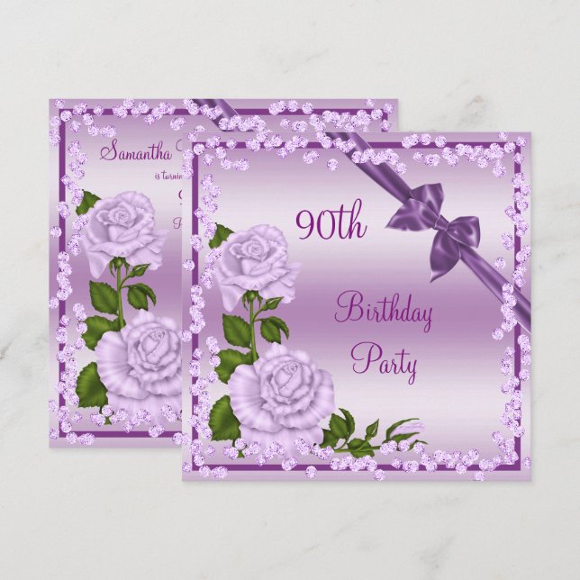 Invitation Lilac Blossom, Bows & Diamonds 90e anniversaire (Devant / Derrière)