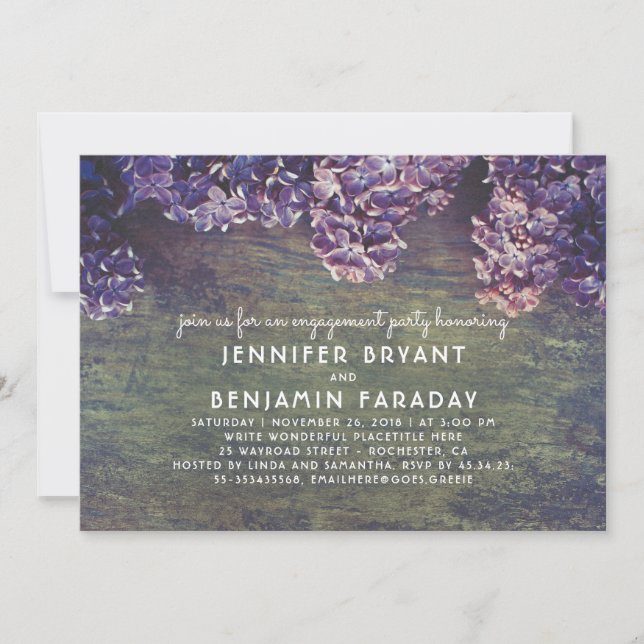 Invitation Lilac Blossoms Rustic Wood Engagement Party (Devant)