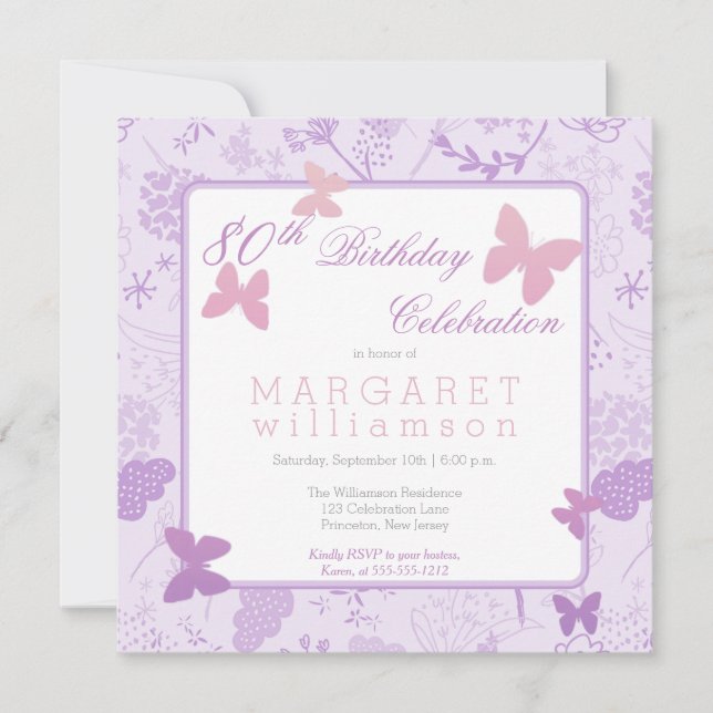Invitation Lilac Boho Butterfly Floral 80e fête d'anniversair (Devant)
