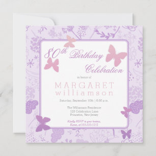 Invitation Lilac Boho Butterfly Floral 80e fête d'anniversair