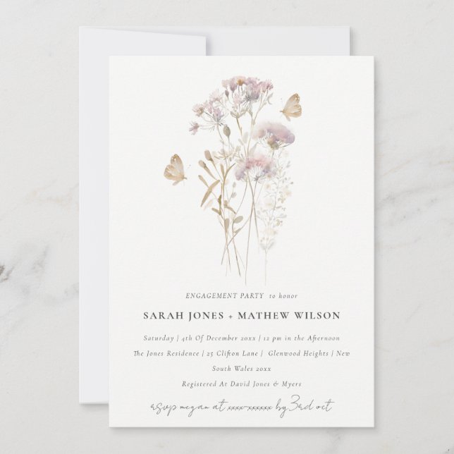 Invitation Lilac Boho Fleur sauvage Fern Fiançailles botaniqu (Devant)