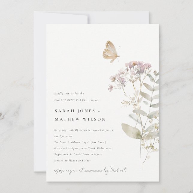 Invitation Lilac Boho Fleur sauvage Fern Fiançailles botaniqu (Devant)