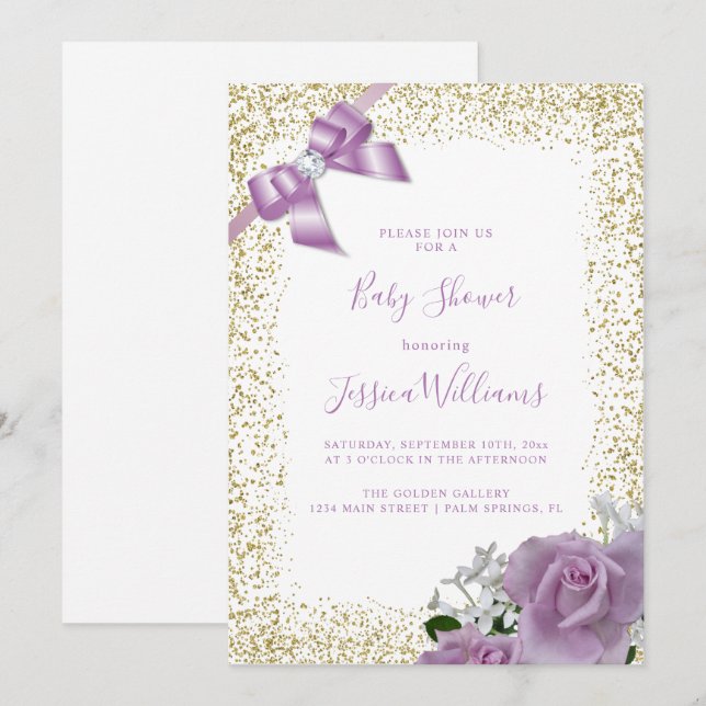 Invitation Lilac Bow & Roses, Gold Parties scintillant Baby s (Devant / Derrière)