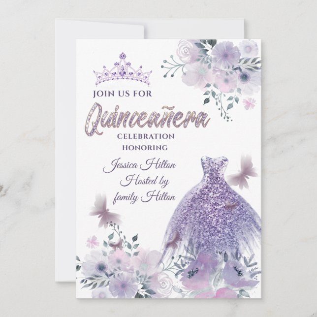 Invitation Lilac Butterfly jardin fleuri tiara Quinceañera (Devant)