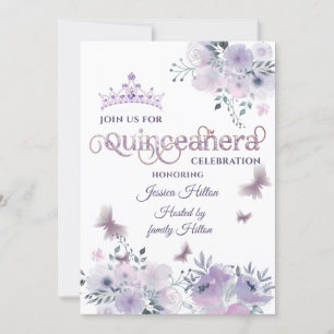 Invitation Lilac Butterfly jardin fleuri tiara Quinceañera