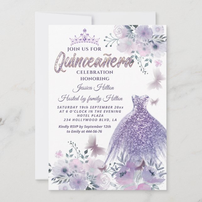 Invitation Lilac Butterfly jardin fleuri tiara Quinceañera (Devant)