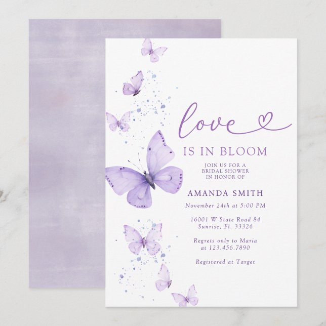 Invitation Lilac Butterfly Love In Bloom Fête des mariées (Devant / Derrière)