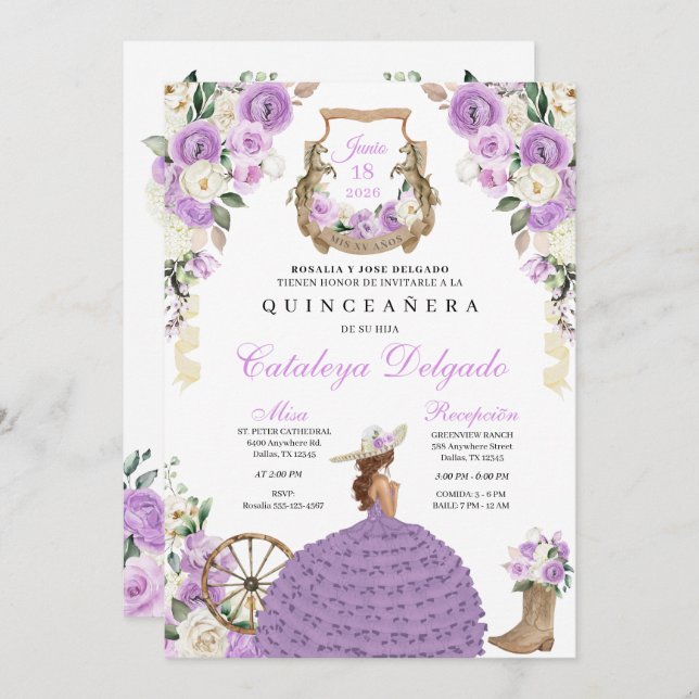 Invitation Lilac Cowgirl Western Princesse Quinceañera (Devant / Derrière)