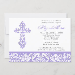 Invitation Lilac Croix Ornate Damask Girl Baptême Christening