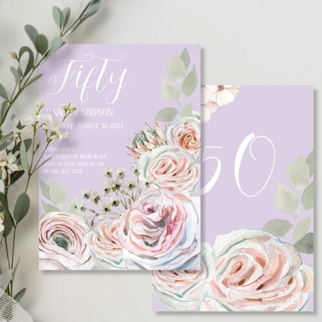 Invitation Lilac Delicate aquarelle rose palepink fête annive (Lilac Delicate watercolor flower palepink Birthday Invitation)