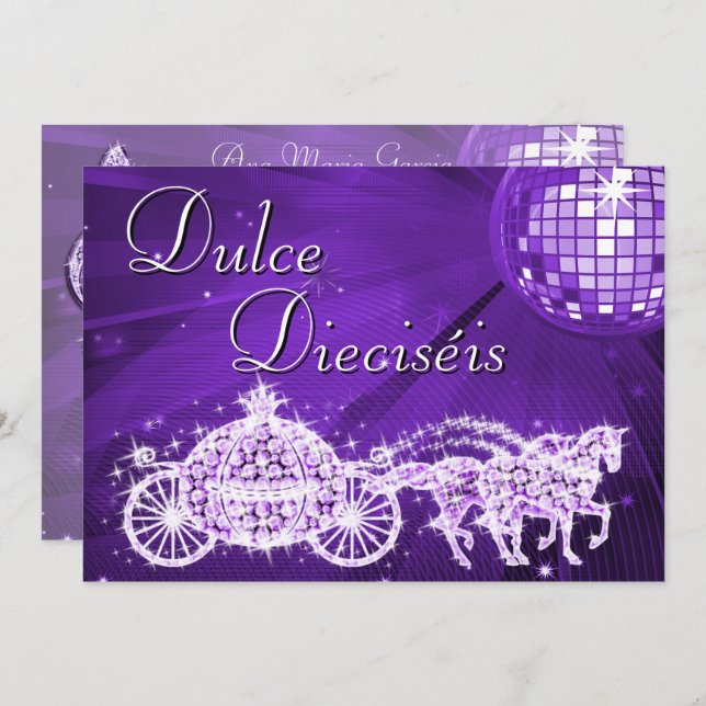Invitation Lilac Disco Ball, Princess Coach & Horses Sweet 16 (Devant / Derrière)