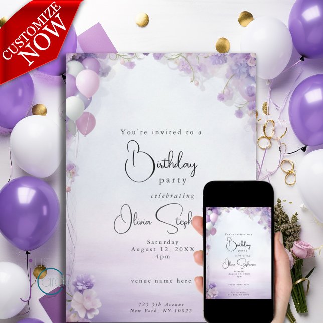 Invitation Lilac Dreams Floral Ballons QR Anniversaire (Text is easy to customize )
