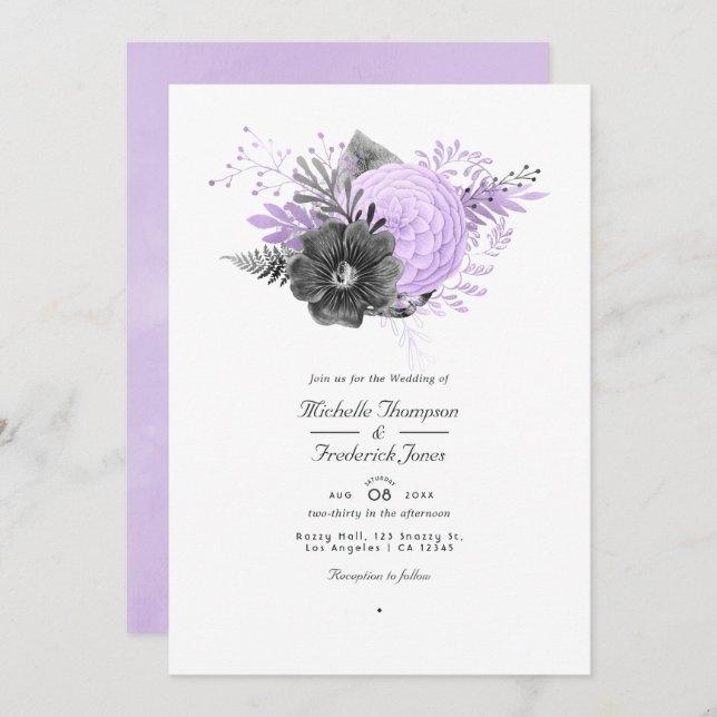 Invitation Lilac et charbon de bois Code QR RSVP Mariage (Devant / Derrière)