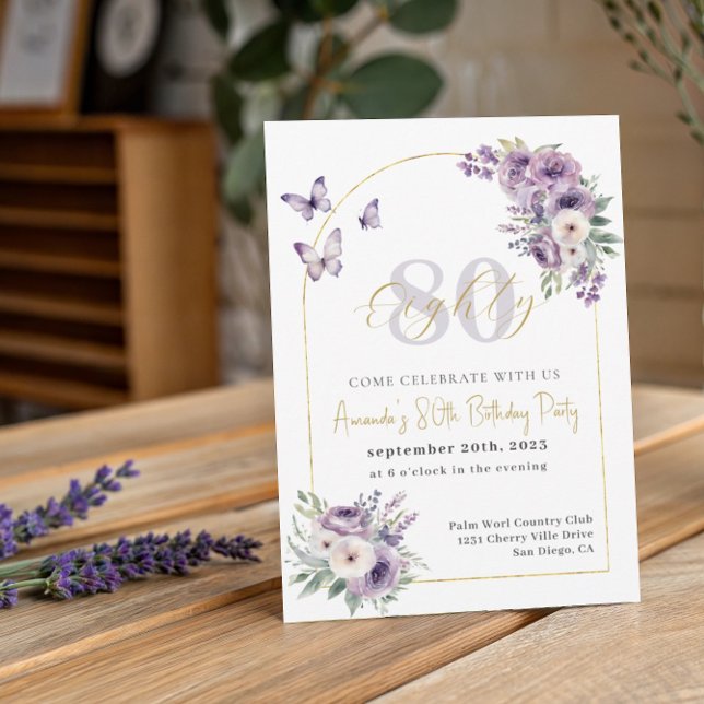 Invitation Lilac et Gold Floral 80e fête d'anniversaire (Créateur téléchargé)