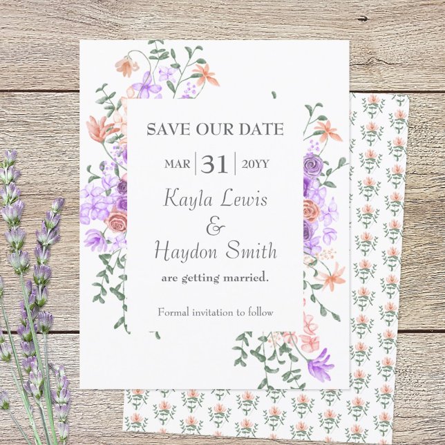 Invitation Lilac et Pêcher Roses mariage Enregistrer la date (lilac and peach SAVE OUR DATE wedding announcement)