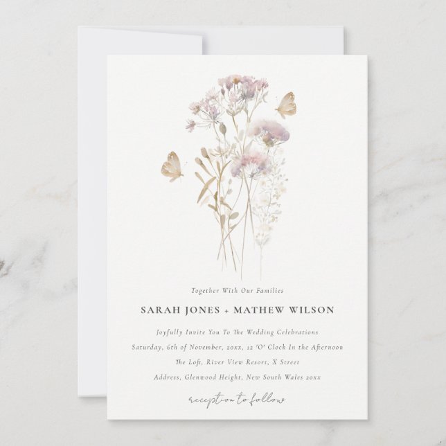 Invitation Lilac Fleur sauvage Fern Botanique Aquarelle Maria (Devant)