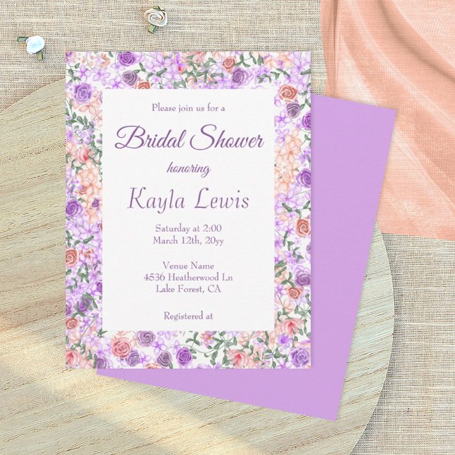 Invitation Lilac, Fleurs de Pêche Mariage Shower avec Bordure (purple wedding bridal shower invitation with lilac and peach rose border)