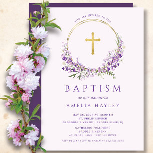 Invitation Lilac Fleurs Filles Premier Baptême
