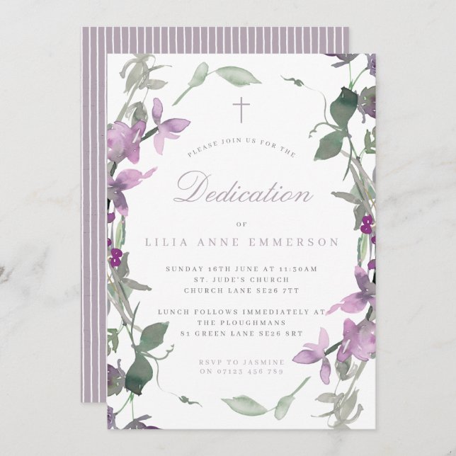 Invitation Lilac Fleurs sauvages & Cross Dedication Invitatio (Devant / Derrière)