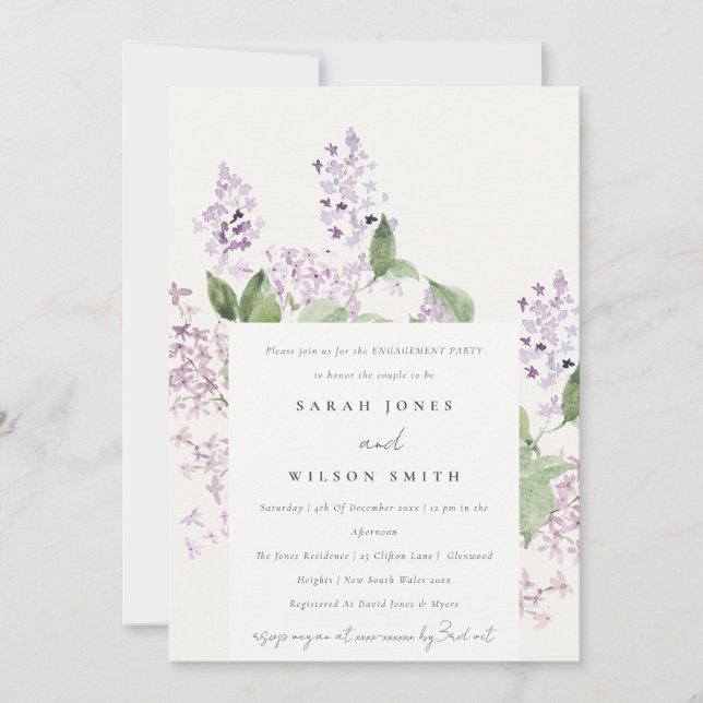 Invitation Lilac Floral Cottage Jardin Aquarelle Fiançailles (Devant)