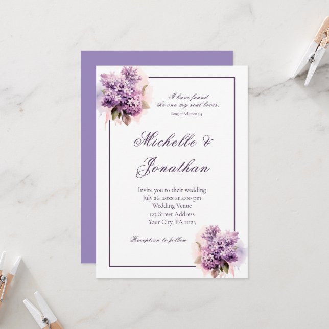 Invitation Lilac Floral Frame Bible Verse Mariage chrétien (Devant/Arrière en situation)