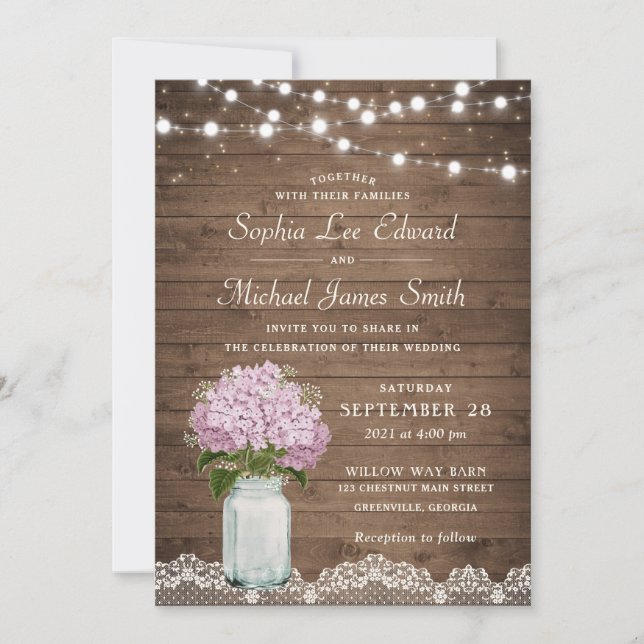 Invitation Lilac Floral Rustique Hydrangea Mason Jar Lace Lum (Devant)