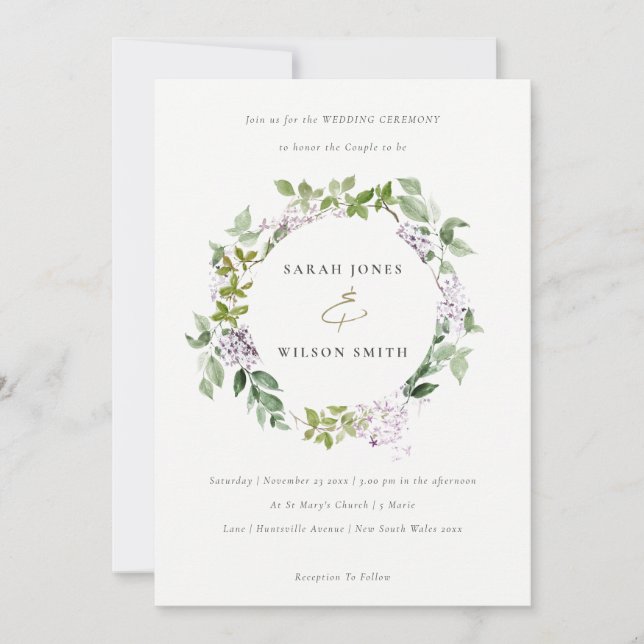 Invitation Lilac Floral Wreath Cottage Jardin Mariage (Devant)