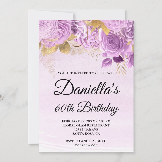 Invitation Lilac Flowers Gold Foil Aquarelle 60e anniversaire (Devant)