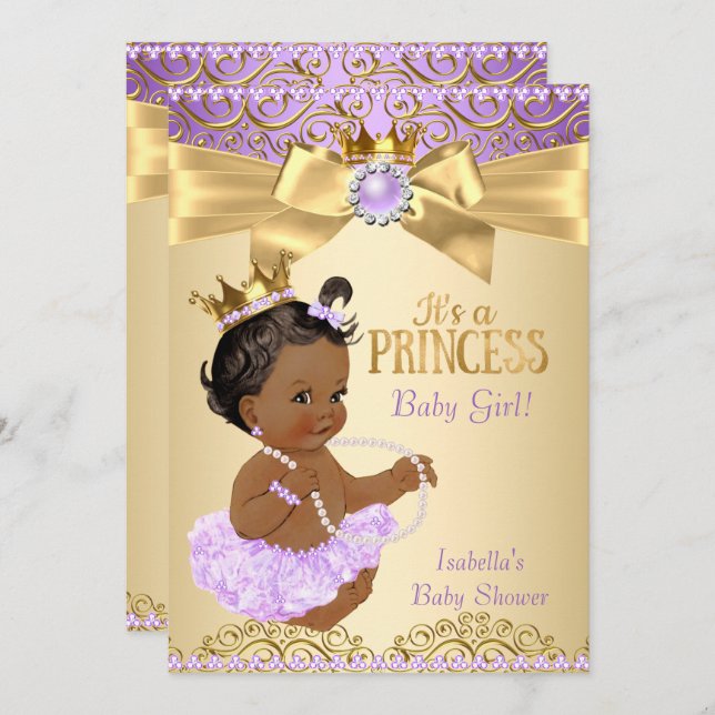 Invitation Lilac Gold Ballerina Princess Baby shower Ethnique (Devant / Derrière)