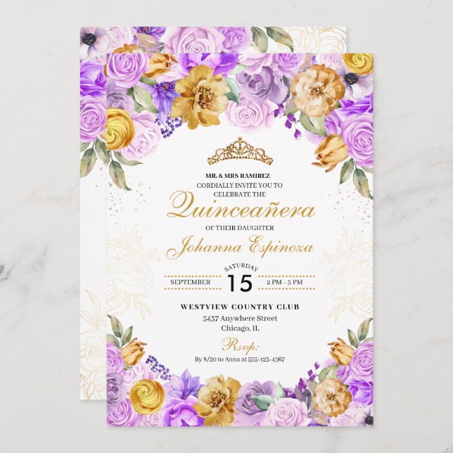 Invitation Lilac & Gold Parties scintillant Florale Tiara Qui (Devant / Derrière)