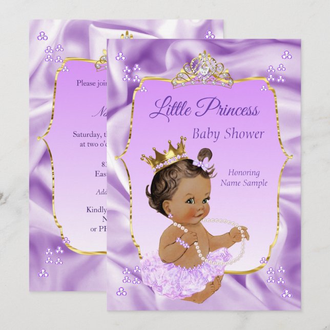 Invitation Lilac Gold Princess Baby shower Fille brune foncée (Devant / Derrière)
