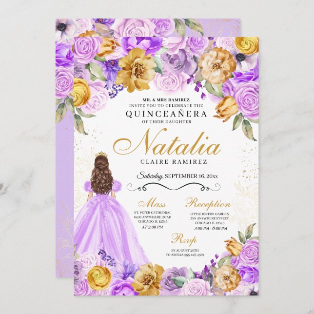 Invitation Lilac Gold Princesse Parties scintillant Tiara Qui (Devant / Derrière)