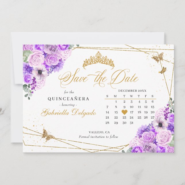 Invitation Lilac & Gold Quinceañera Enregistrer La Date (Devant)