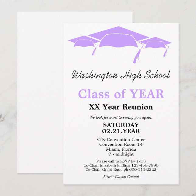 Invitation Lilac Graduation Caps Classe Réunion Modèle (Devant / Derrière)