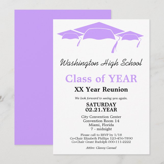 Invitation Lilac Graduation Caps Classe Réunion Modèle (Devant / Derrière)