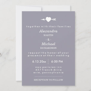 Invitation Lilac Grey avec Coeur et Flèche Mariage élégant