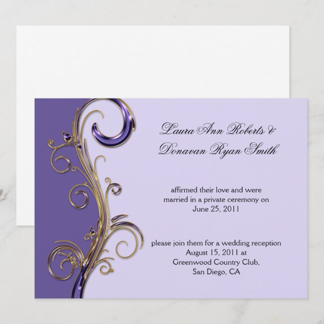 Invitation Lilac Lavande Violet & Or Orné Tourbillon (Devant / Derrière)