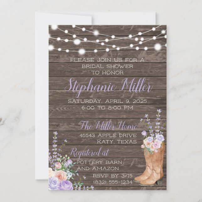 Invitation Lilac Lavendar Pays Floral Cowboy Boot (Devant)