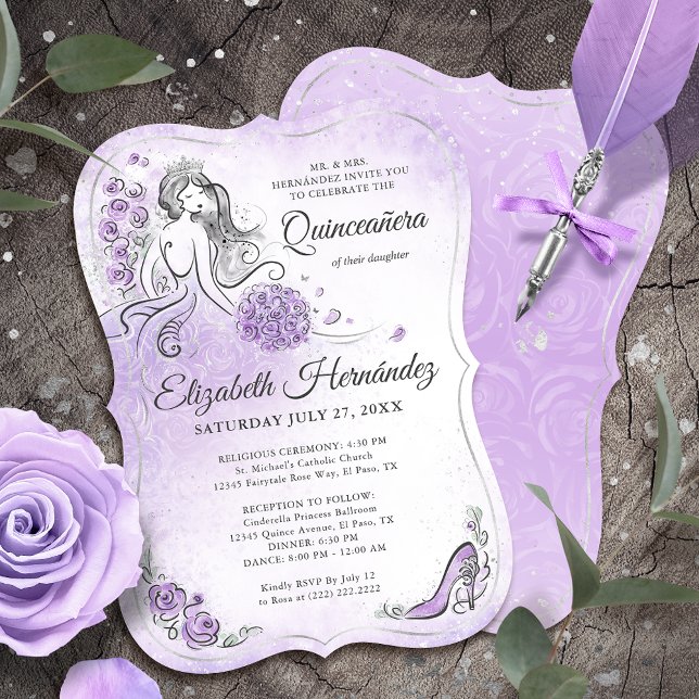 Invitation Lilac Lavender et Silver Princess Quince Anniversa (Unique, downloadable lavender and lilac quinceanera invitations on an editable DIY template.)