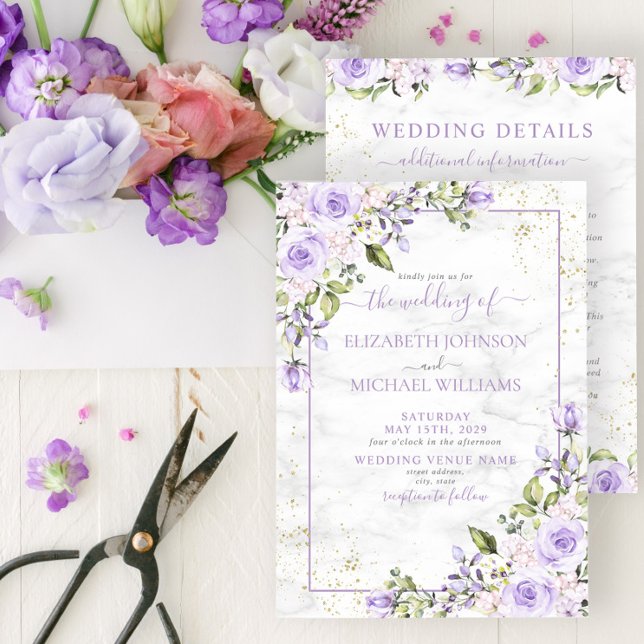 Invitation Lilac Lavender Gold Marbre Détails Floral Mariage (Créateur téléchargé)