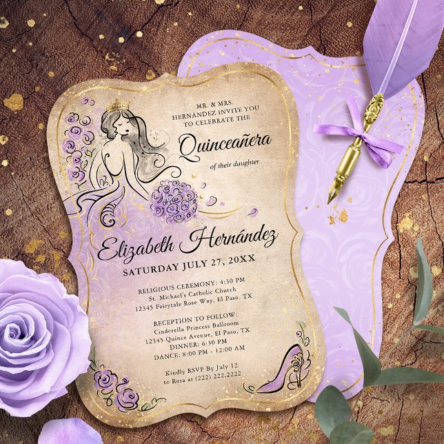 Invitation Lilac Lavender Gold Princess Quinceanera Anniversa (Lilac lavender and gold princess quinceanera invitations that will make your birthday party sparkle!)