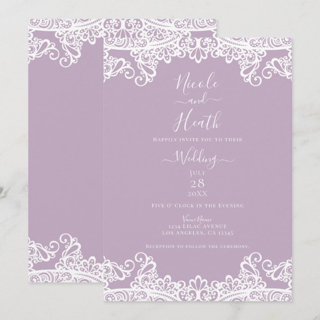 Invitation Lilac Mauve & Blanche Dentelle Élégante Mariage (Devant / Derrière)