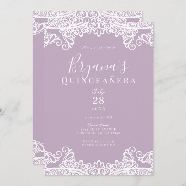 Invitation Lilac Mauve & Blanche dentelle Elégante Quinceañer (Devant / Derrière)