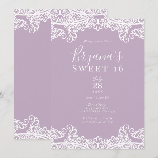 Invitation Lilac Mauve & Blanche dentelle Élégante Sweet 16 P (Devant / Derrière)