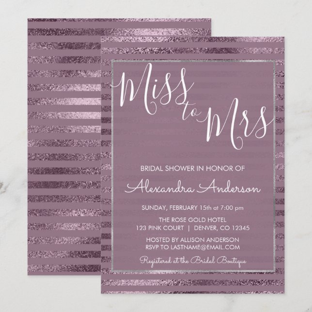 Invitation Lilac Metallic Foil Mlle à Mme Fête des mariées (Devant / Derrière)