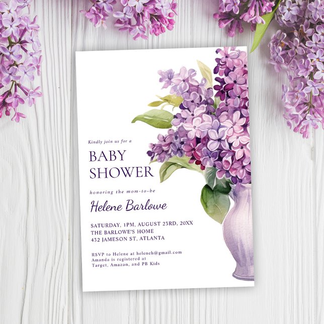 Invitation Lilac Moderne Élégant Baby shower Floral (Lilac Modern Elegant Floral Baby Shower Invitation)
