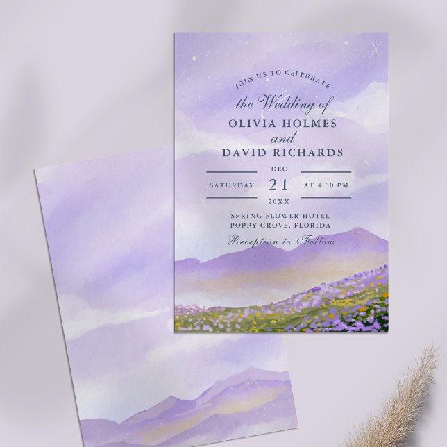 Invitation Lilac Night Sky Mountain Meadow Mariage (Lilac Night Sky Mountain Meadow Wedding Invitation on a lilac table.)