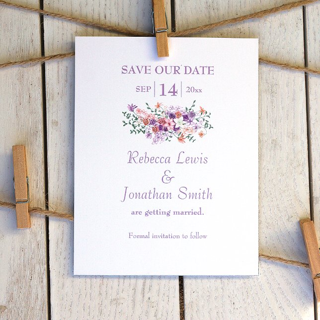 Invitation Lilac & Peach Bouquet Mariage Enregistrer la date (lilac and peach wedding save the date card, peach flowers, lilies and light purple roses)