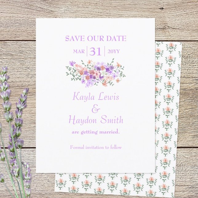 Invitation Lilac & Peach Bouquet Mariage Enregistrer la date (lilac and peach bouquet Save Our Date wedding announcement)