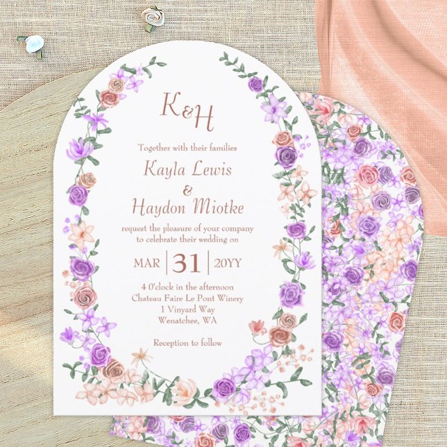 Invitation Lilac & Pêche Rose Jardin Arches de mariage (peach lilac floral wedding invitation, light purple pink mauve blush roses, french lavender)